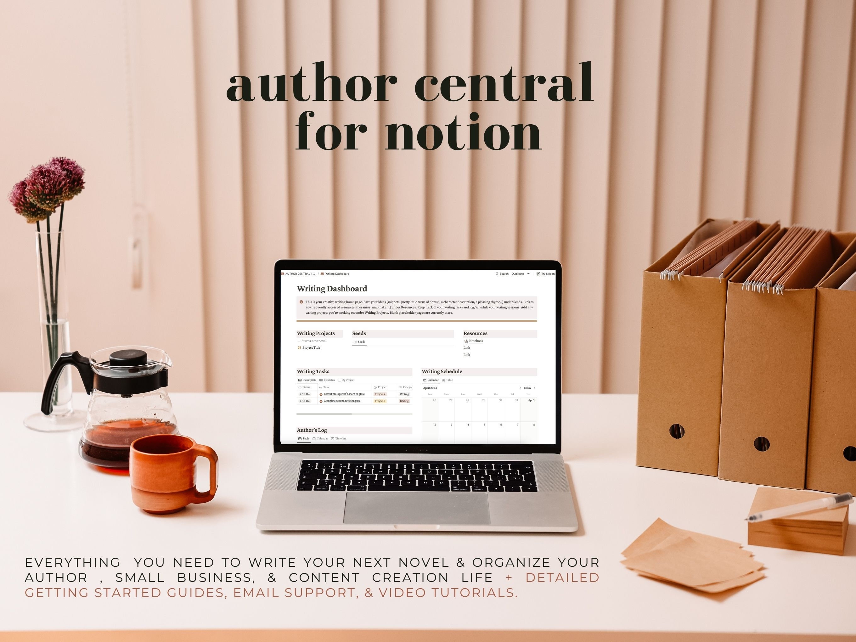 Author Central for Notion productivity template for writers, small business tools, reading journal, publishing planner, goal setting