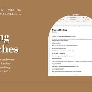 Op de afbeelding: Een screenshot van een computerscherm met een sjabloon voor het schrijven van een roman. De sjabloon heeft de titel "Setting Sketches" en bevat een sectie voor "Name of Setting" met prompts voor "Andere namen", "Rol in het verhaal", "Gerelateerde karakters", "Functie/Doel", "Architectuur", "Seizoen/Tijd" en "Unieke kenmerken".