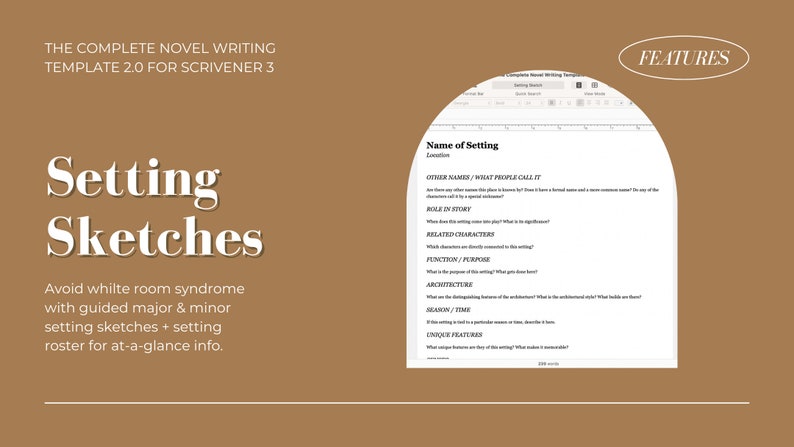 Op de afbeelding: Een screenshot van een computerscherm met een sjabloon voor het schrijven van een roman. De sjabloon heeft de titel "Setting Sketches" en bevat een sectie voor "Name of Setting" met prompts voor "Andere namen", "Rol in het verhaal", "Gerelateerde karakters", "Functie/Doel", "Architectuur", "Seizoen/Tijd" en "Unieke kenmerken".