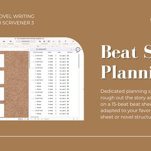 Op de afbeelding: Een screenshot van een computerscherm met een roman-schrijftemplate voor Scrivener. De template bevat een sectie voor het plannen van een beat sheet met een kurk achtergrond en een tabel met kolommen voor hoofdstuk, sc&egrave;ne en notities.