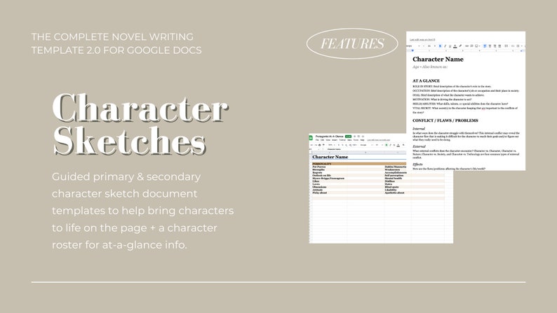 Op de afbeelding: Een Google Docs-sjabloon voor het schrijven van romans, met een personage-schetsdocument en een personage-roster. Het sjabloon bevat secties voor de naam van het personage, de leeftijd, het uiterlijk, het conflict, de fouten en de problemen. Het sjabloon is ontworpen om schrijvers te helpen hun personages te ontwikkelen.
