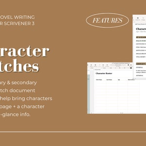Op de afbeelding: Een bruine achtergrond met de tekst "The Complete Novel Writing Template 2.0 for Scrivener 3" en "Character Sketches" in groot wit lettertype. Onder de tekst staat een beschrijving van de sjabloon, die "Guided primary & secondary character sketch document templates to help bring characters to life on the page + a character roster for at-a-glance info." omvat. De afbeelding toont ook twee schermafbeeldingen van de sjabloon, &eacute;&eacute;n toont een karakterlijst en de andere toont een karakter-schetssjabloon met de tekst "Character Name" bovenaan.