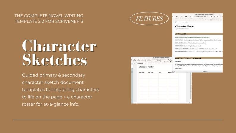 Op de afbeelding: Een bruine achtergrond met de tekst "The Complete Novel Writing Template 2.0 for Scrivener 3" en "Character Sketches" in groot wit lettertype. Onder de tekst staat een beschrijving van de sjabloon, die "Guided primary & secondary character sketch document templates to help bring characters to life on the page + a character roster for at-a-glance info." omvat. De afbeelding toont ook twee schermafbeeldingen van de sjabloon, &eacute;&eacute;n toont een karakterlijst en de andere toont een karakter-schetssjabloon met de tekst "Character Name" bovenaan.