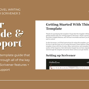 Op de afbeelding: Een bruine achtergrond met witte tekst die "The Complete Novel Writing Template 2.0 for Scrivener 3" luidt. Onder de tekst staat een witte titel die "User Guide & Support" luidt. Onder de titel staat een beschrijving van de sjabloon en de functies ervan. De rechterkant van de afbeelding heeft een witte cirkel met het woord "FEATURES" in zwarte tekst. Onder de cirkel staat een sectie met de titel "Getting Started With This Template" met een beschrijving van de sjabloon. Onder de beschrijving staat een sectie met de titel "Setting up Scrivener" met een screenshot van de Scrivener-software.