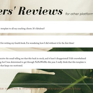 Op de afbeelding: Een witte achtergrond met een groene plant in de hoek. De tekst "Writers' Reviews for other platforms" staat bovenaan de afbeelding. Er zijn drie vijfsterrenrecensies met tekst die het product beschrijft. De tekst onderaan de afbeelding luidt "you can see these reviews & more at jenterpstra.com/shop".