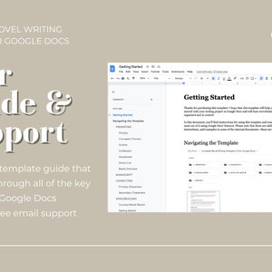 Op de afbeelding: Een screenshot van een Google Docs-document met de tekst "Getting Started" en "Navigating the Template" in een wit kader met een blauwe kop. Het document maakt deel uit van een gebruikershandleiding en een ondersteuningstemplate voor het schrijven van romans.