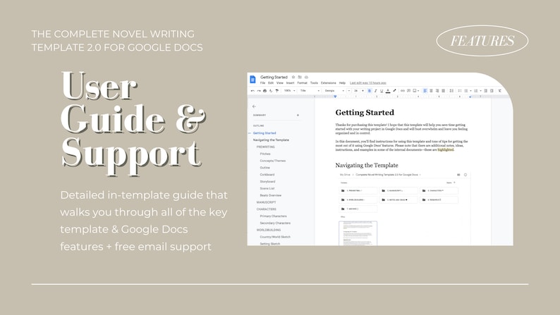 Op de afbeelding: Een screenshot van een Google Docs-document met de tekst "Getting Started" en "Navigating the Template" in een wit kader met een blauwe kop. Het document maakt deel uit van een gebruikershandleiding en een ondersteuningstemplate voor het schrijven van romans.