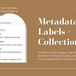 Op de afbeelding: Een screenshot van een computerscherm met een roman-schrijftemplate voor Scrivener 3. De template bevat secties voor tijd, setting, personages, conflict en inzetten. De tekst "Metadata + Labels + Collections" wordt weergegeven in grote witte letters op een bruine achtergrond.