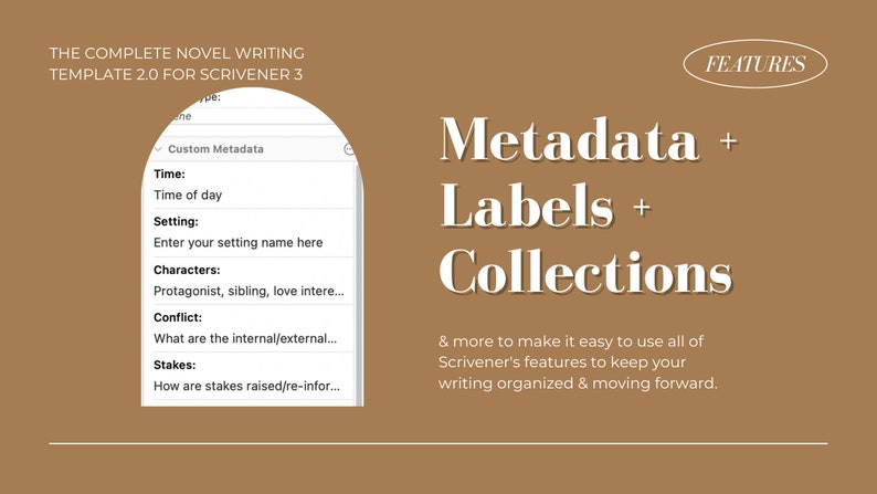 Op de afbeelding: Een screenshot van een computerscherm met een roman-schrijftemplate voor Scrivener 3. De template bevat secties voor tijd, setting, personages, conflict en inzetten. De tekst "Metadata + Labels + Collections" wordt weergegeven in grote witte letters op een bruine achtergrond.