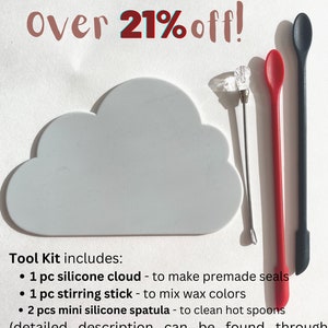 May include: A white silicone cloud-shaped mold, a red silicone stirring stick, a clear glass stirring tool, and a black silicone stirring stick. The text "Tool Kit includes:" is listed with bullet points describing the uses of each tool. The text "value over $19 over 21% off!" is at the top of the image.