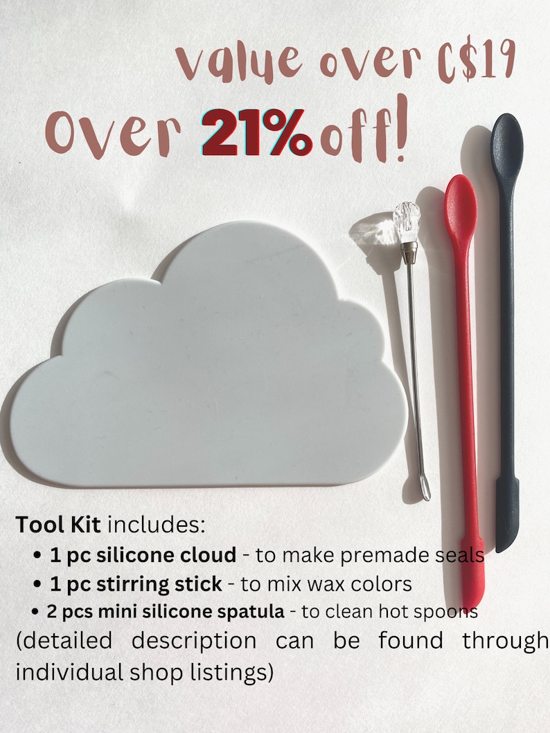 May include: A white silicone cloud-shaped mold, a red silicone stirring stick, a clear glass stirring tool, and a black silicone stirring stick. The text "Tool Kit includes:" is listed with bullet points describing the uses of each tool. The text "value over $19 over 21% off!" is at the top of the image.