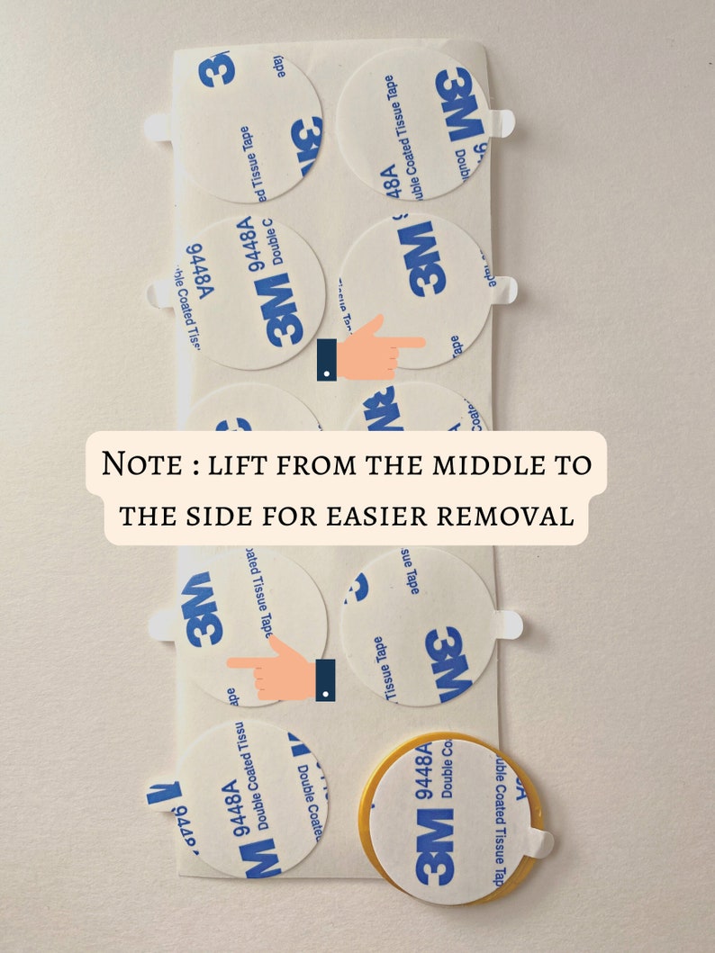 May include: A close-up of several round, white, adhesive 3M double-coated tissue tape circles. The tape is labeled "3M 9448A Double Coated Tissue Tape". The text "NOTE: LIFT FROM THE MIDDLE TO THE SIDE FOR EASIER REMOVAL" is written in black text on a white background.