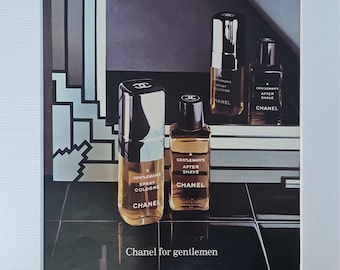 Anuncio original de revista vintage de página completa de Chanel para caballeros, colonia en aerosol y after shave, 1976