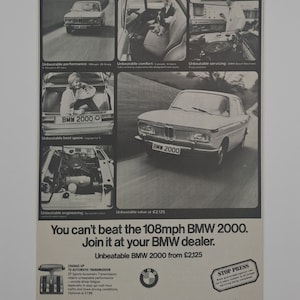 1972 BMW 2000 Auto Original Vintage ganzseitige Zeitschriftenanzeige