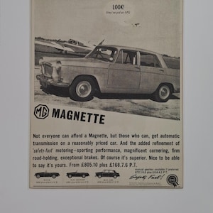 Anúncio de revista vintage de página inteira original do carro MG Magnette 1963