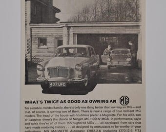 1965 MG Magnette och MG Midget Cars Original helsidesannons för vintagemagasin