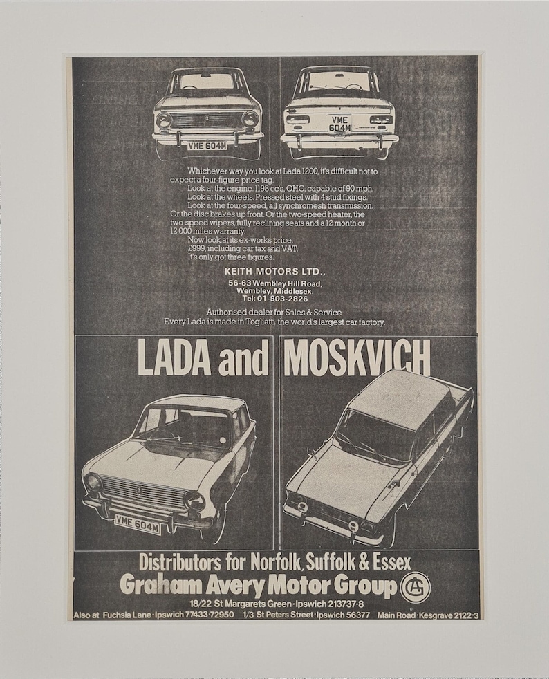 1975 Lada 1200 and Moskvich Cars Original Vintage Magazine Advertisement image 1