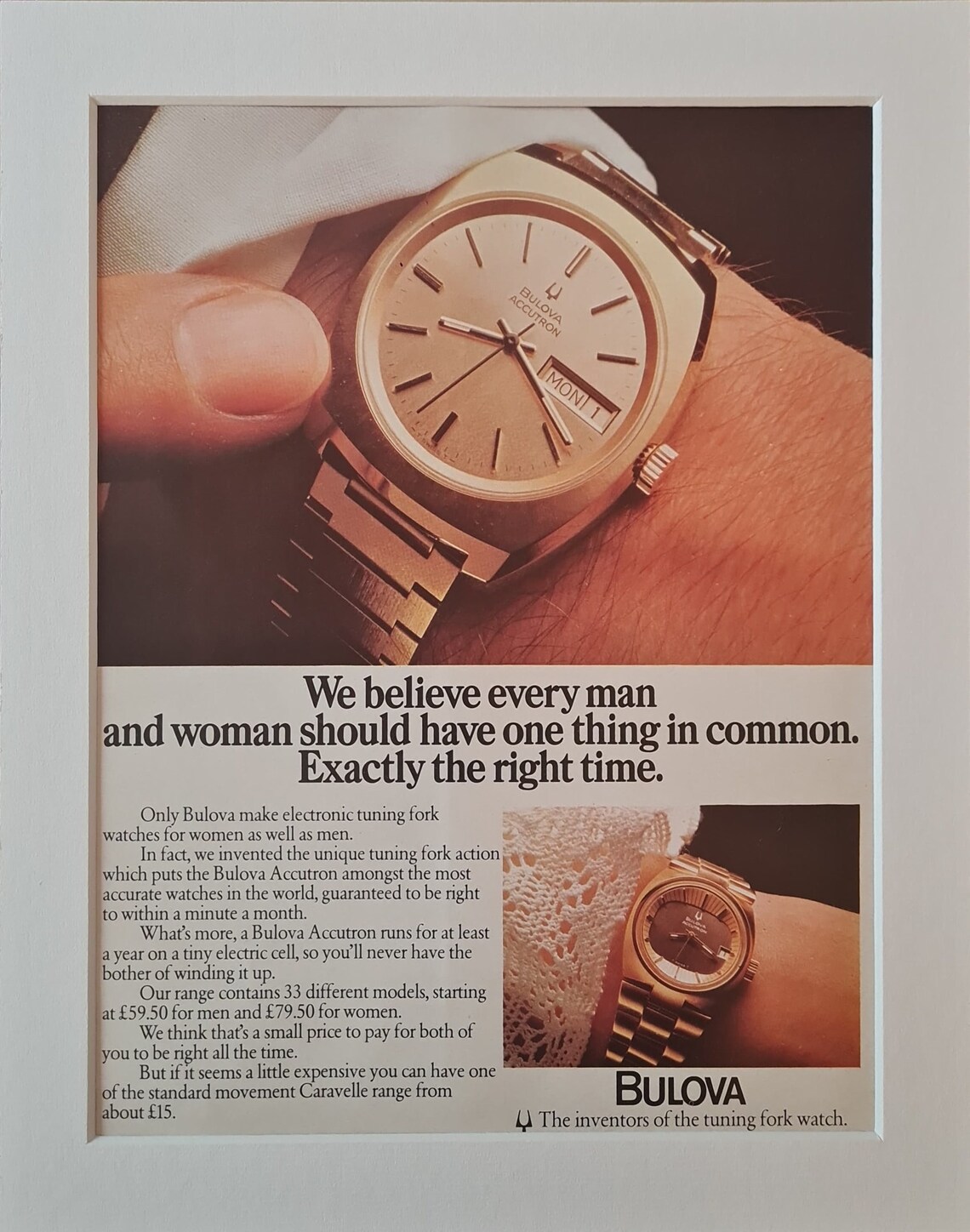 1974 Bulova Accutron Men and Ladies Watches Original Full Page Vintage