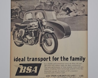 1961 BSA 650 och 500 Twin Motorcycles med sidovagnar Original helsidesannons i vintagemagasin
