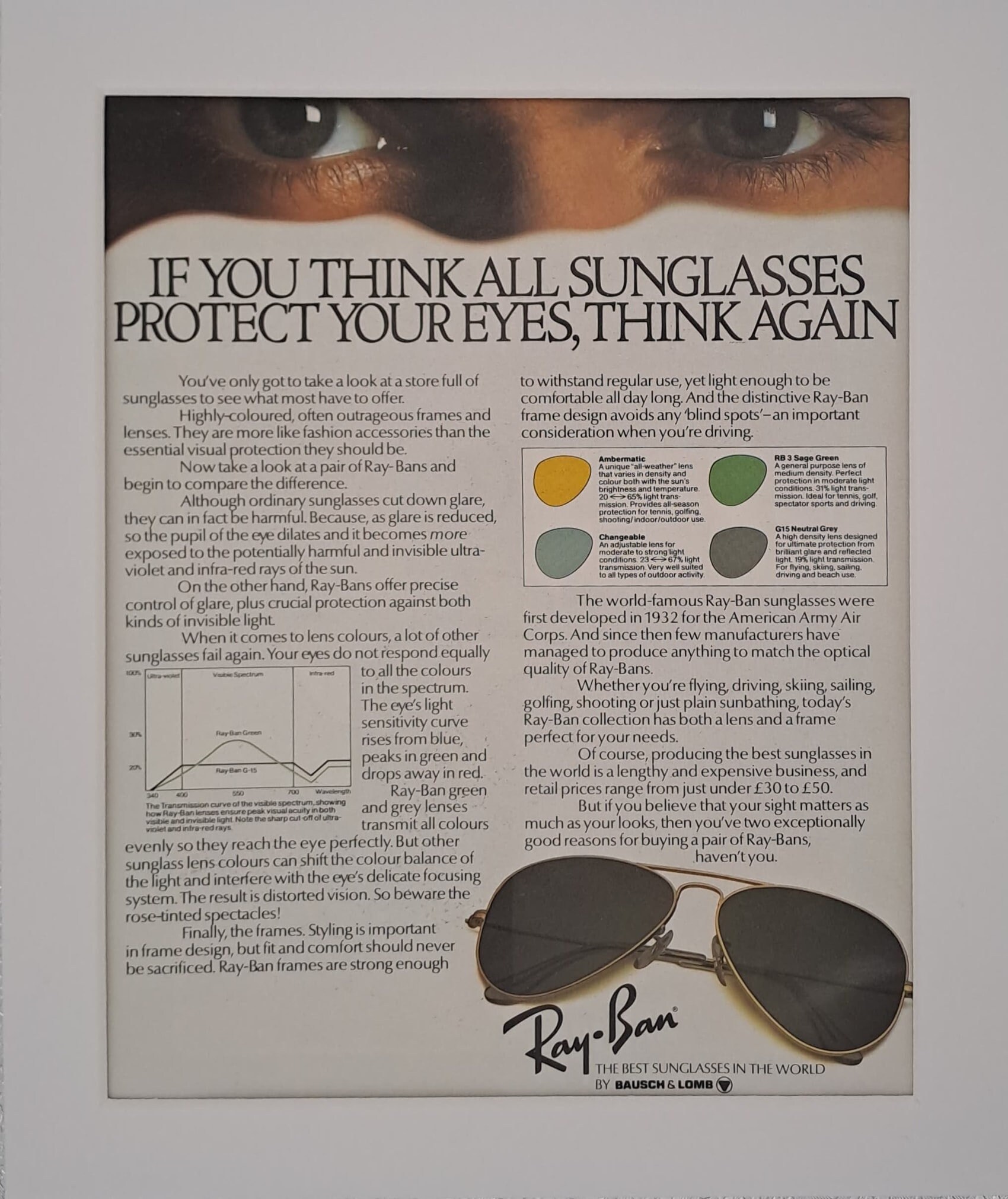レイバン【Ray-Ban】 サングラス 1979年代物 ケース付き 1979年レイバンサングラスオリジナルフルページヴィンテージ雑誌