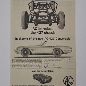 May include: Black and white photo of a car chassis, a convertible car, and a sports car. The text reads "AC introduce the 427 chassis backbone of the new AC 427 Convertible and the latest Cobra".