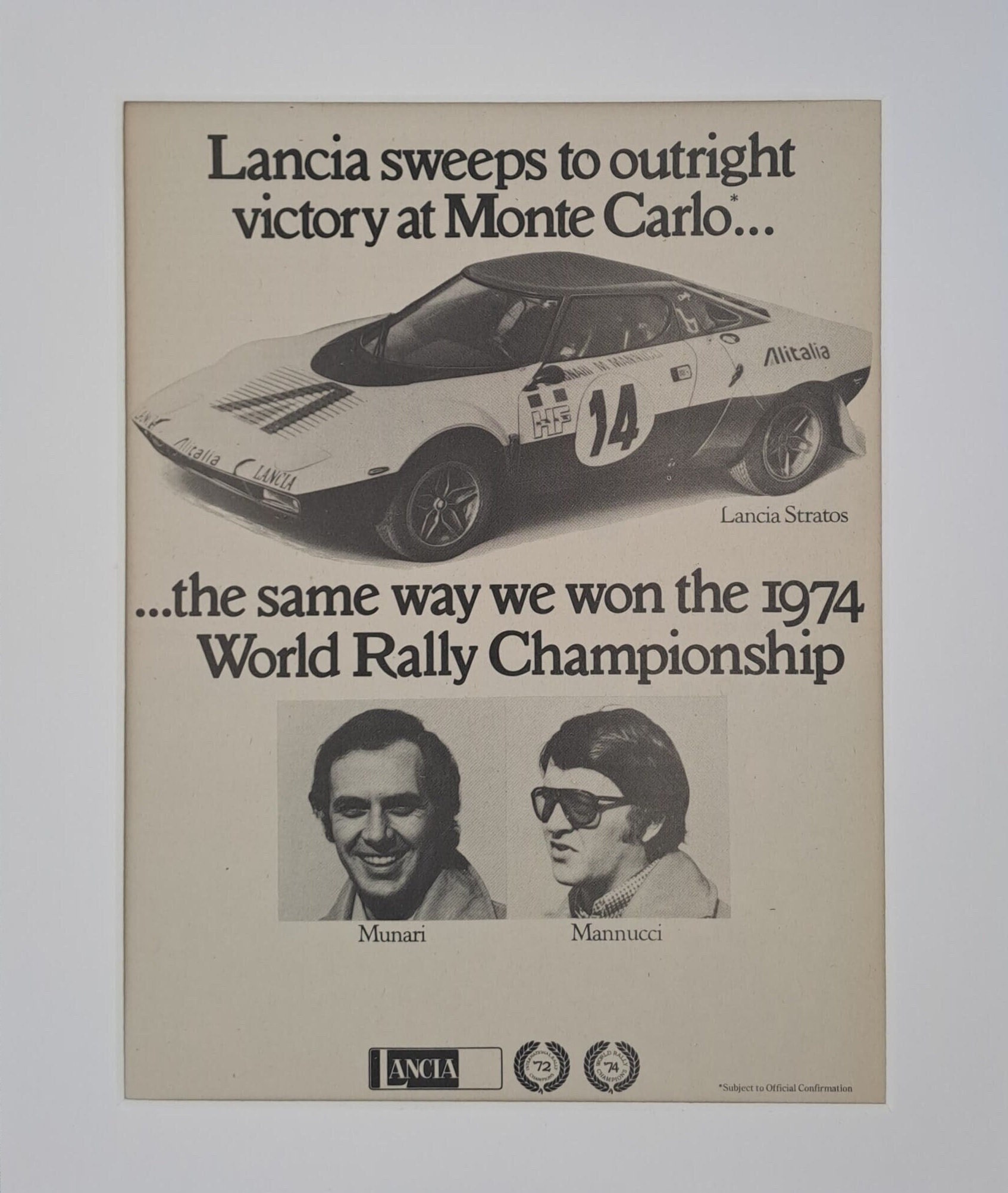 Lancia Stratos del 1975, pubblicità su una rivista d'epoca a