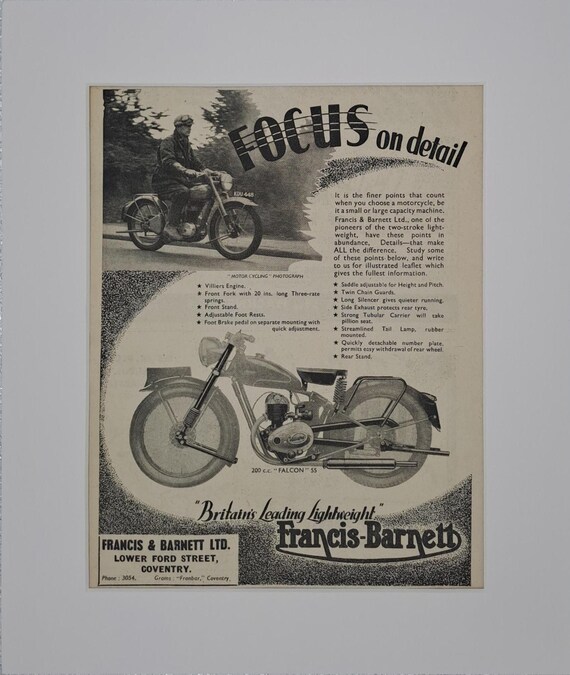 1951 Francis-Barnett Falcon Motorcycle Original Vintage Magazine Advertisement