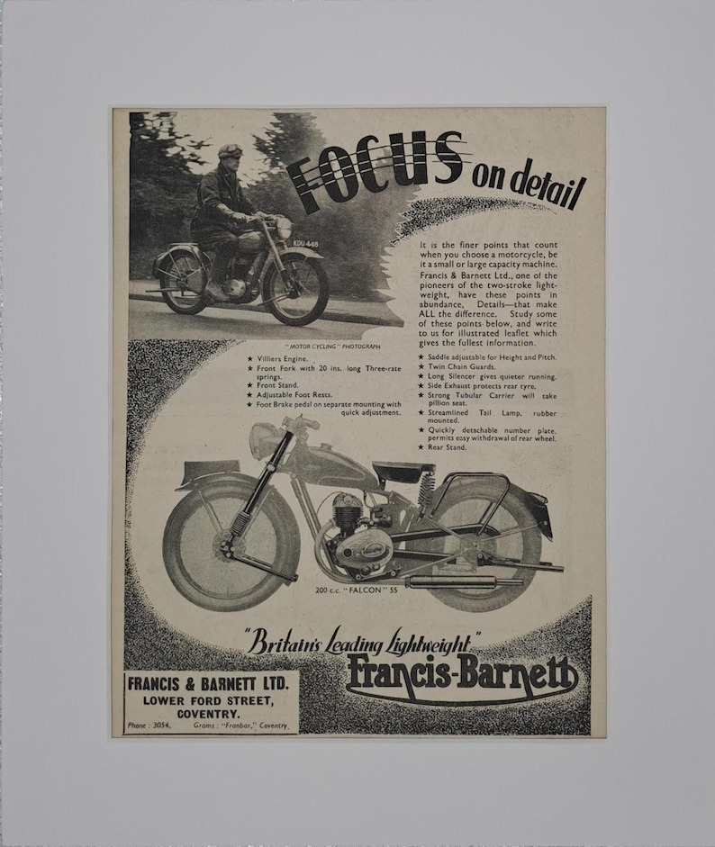 1951 Francis-Barnett Falcon Motorcykel Original Vintage Magazine Reklam bild 1