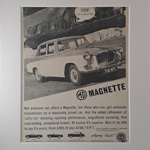 Anúncio de revista vintage de página inteira original do carro MG Magnette 1963