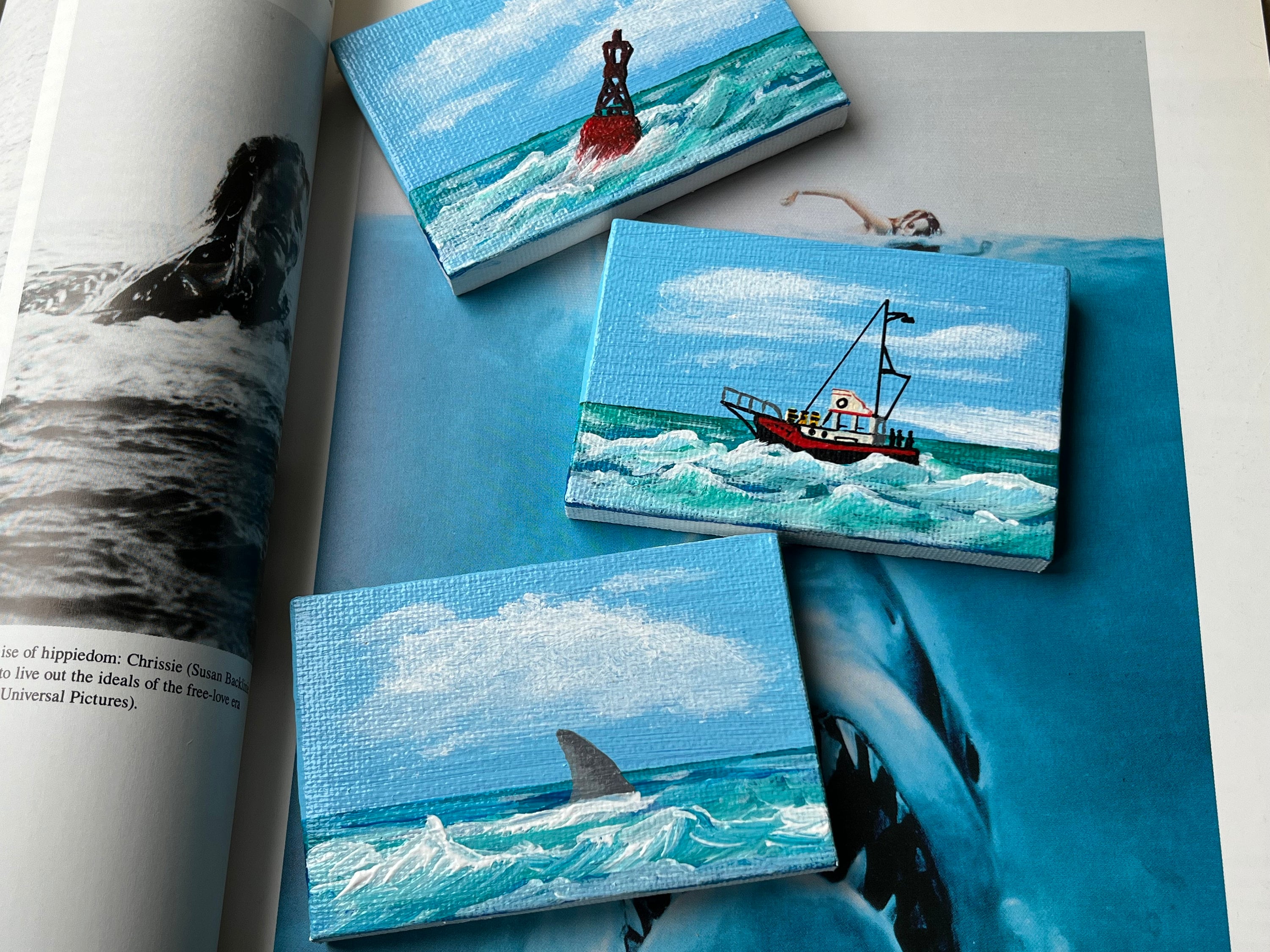Trois mini toiles tableaux acrylique panorama océan et pêcheur ...
