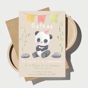 Invitaciones infantiles personalizadas de oso panda en acuarela, Tarjeta de cumpleaños personalizable con tu propio texto.