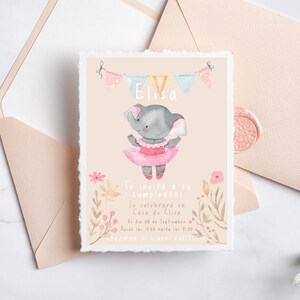 Tarjetas de cumpleaños personalizadas de elefante ballet en acuarela A6, Invitaciones infantiles personalizables nombre y texto que quieras.