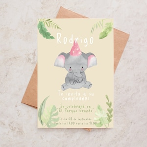 Tarjetas de cumpleaños personalizadas de elefante safari en acuarela A6, Invitaciones infantiles personalizables nombre y texto que quieras.