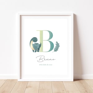 Foglio decorativo con iniziali, nome e data di nascita, Decorazione per bambini con dinosauri, Dipinto iniziale con nome per bambini e bambine.