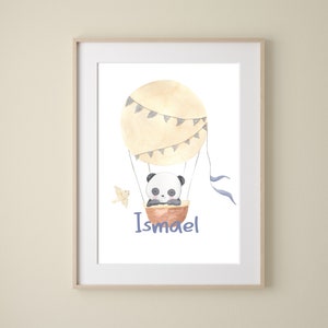 Panda Bear print in hot air balloon, Personalized name children&#39;s painting with baby bear, Personalized watercolor unisex birth gift.