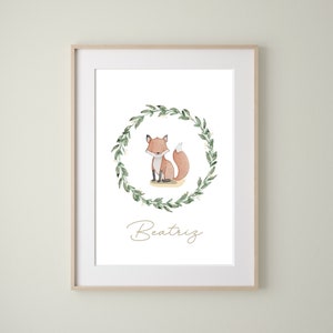 Little fox watercolor baby painting print, Personalized unisex birth name sheet, Personalized baby room birth painting.