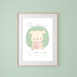 Foto di nascita con un cucciolo ad acquerello, Lenzuolo nascita unisex personalizzato, Foto di nascita personalizzata per bambini e bambine.