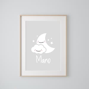 Lámina para habitación del bebé, Cuadro luna nube y estrellas, Decoración cuarto infantil gris, Descarga digital cuadro decorativo imprimir.