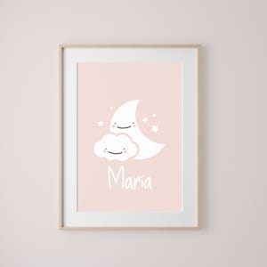 Lámina para decoración infantil, Cuadro luna nube y estrellas, Decoración habitación bebé rosa, Descarga digital cuadro decorativo imprimir.