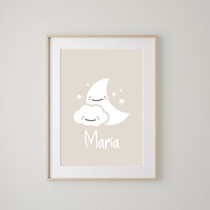 Lámina para cuadro luna nube y estrellas, Lámina decorativa infantil, Decoración habitación bebé beige, Descarga digital cuadro decorativo.