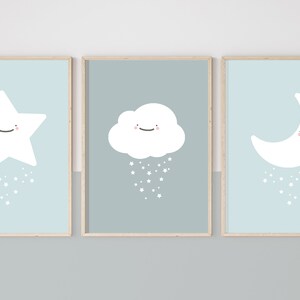 DESCARGA DIGITAL Conjunto TRES láminas de luna nube y estrellas, Cuadros estilo boho color azul habitación del bebé, Cuadros para impresión.