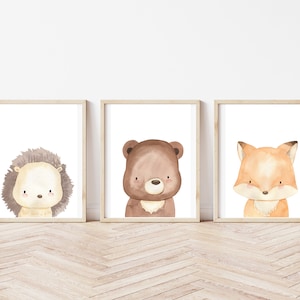 Conjunto de cuadros de animales del bosque, Láminas estilo Boho color blanco para habitación infantil, Decoración cuarto oso zorro erizo.