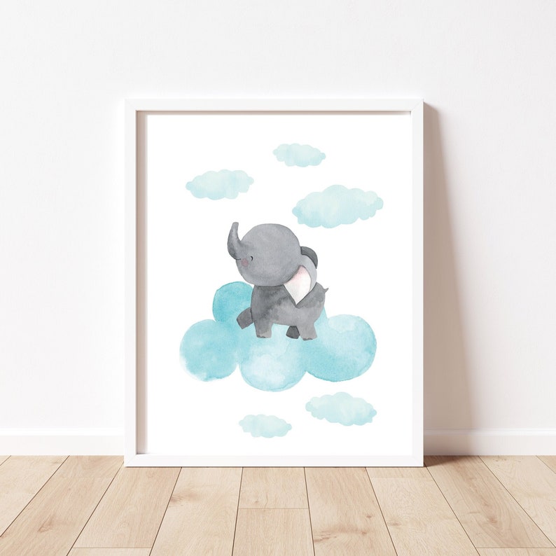 Elephant and Clouds Baby Print, Baby Watercolor, Elephant Birth Print ...