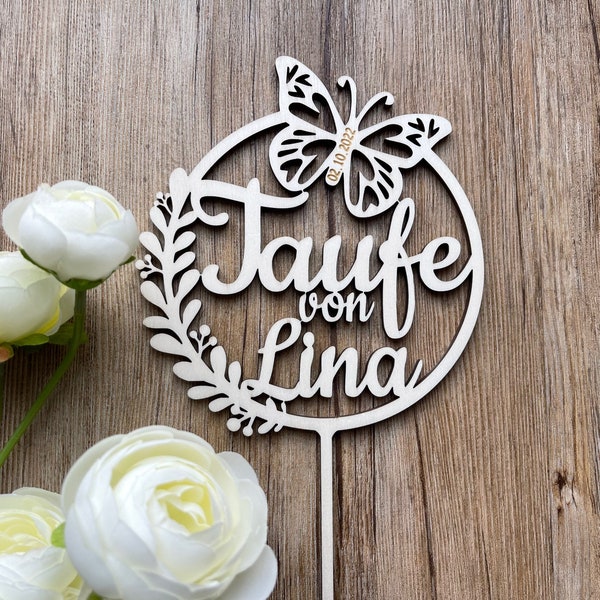 personalisierter Cake Topper Taufe, Tortendeko, Dekoration Torte, Tortenstecker, Schmetterling