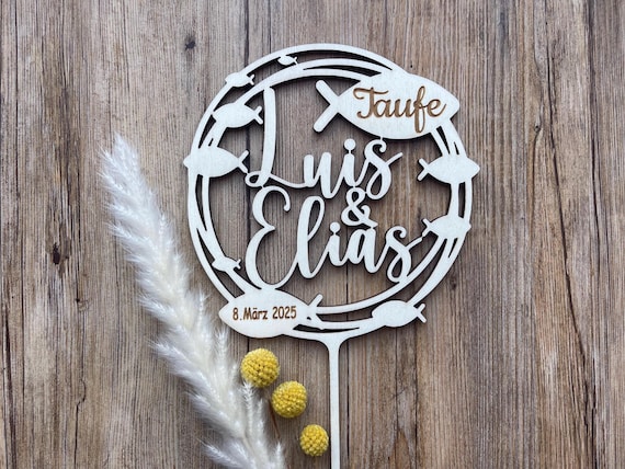personalisierter Cake Topper Taufe, Tortendeko, Dekoration, Tortenstecker Fisch, Tortentopper Zwillinge, Tortenfigur, Tortenaufleger, Kuchen