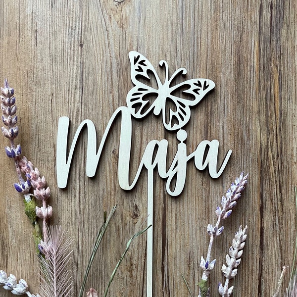 Cake Topper Name mit Schmetterling, Tortentopper Einschulung, Tortendekoration Geburtstag, Tortenstecker, Kuchentopper, Kuchenstecker