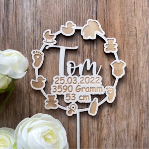 Cake topper baby birth personalized, cake decoration with name and date