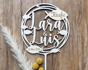 personalisierter Cake Topper Taufe, Tortendeko, Dekoration, Tortenstecker, Fisch,