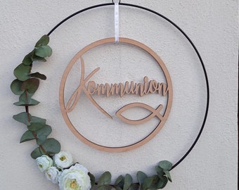 Lettering Communion with fish, Confirmation, Baptism, Door wreath, Decoration, Decoration, Decoration front door, Decoration church,