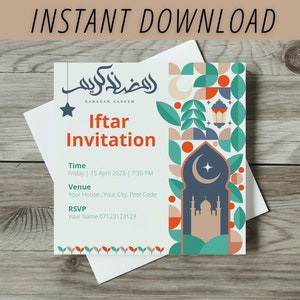Carte d'invitation Iftar, modèle modifiable, invitation au dîner Iftar, invitation au ramadan, ramadan kareem, ramadan moubarak,